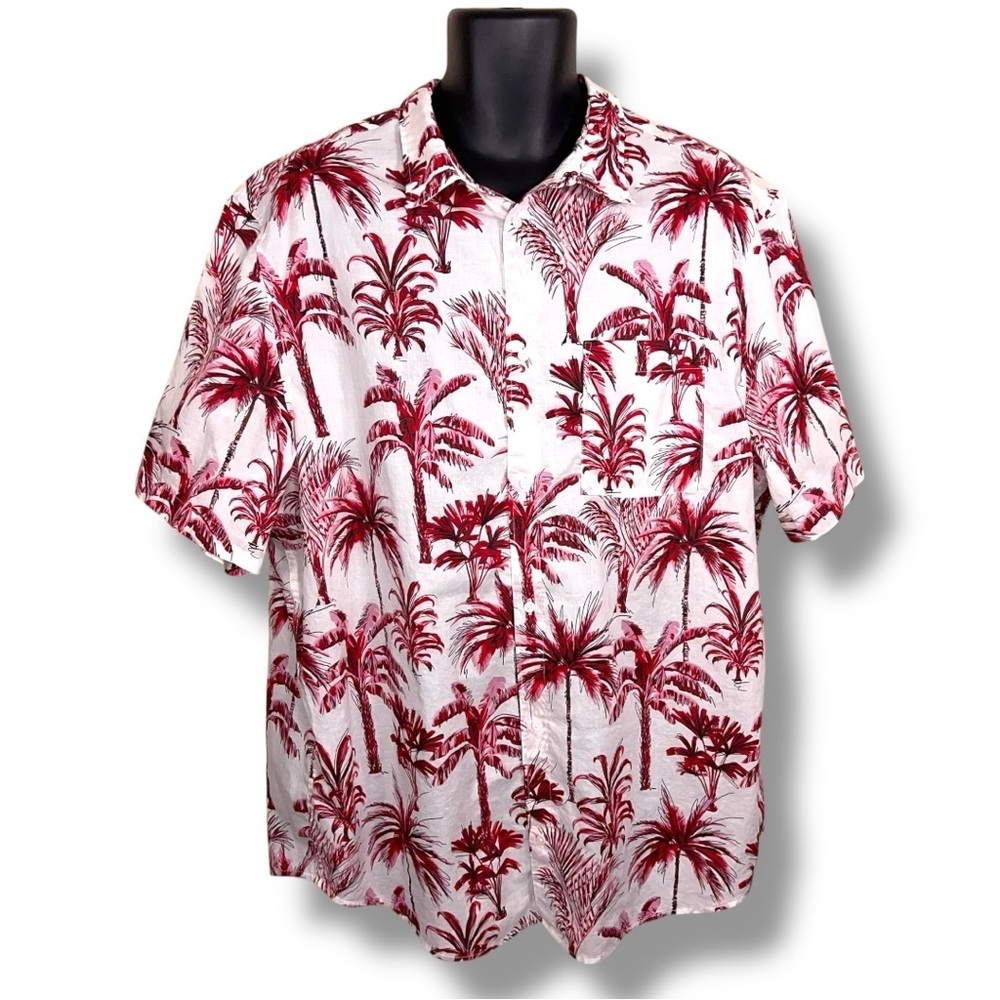 XXL H And M Tropical Hawaiian Shirt White Red Palm Tree Cotton Regular Fit